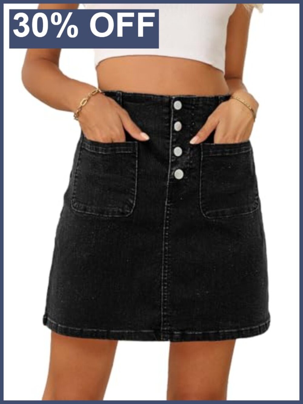 High Waist Denim Mini Skirt A-Line Button Down Jean Skirt